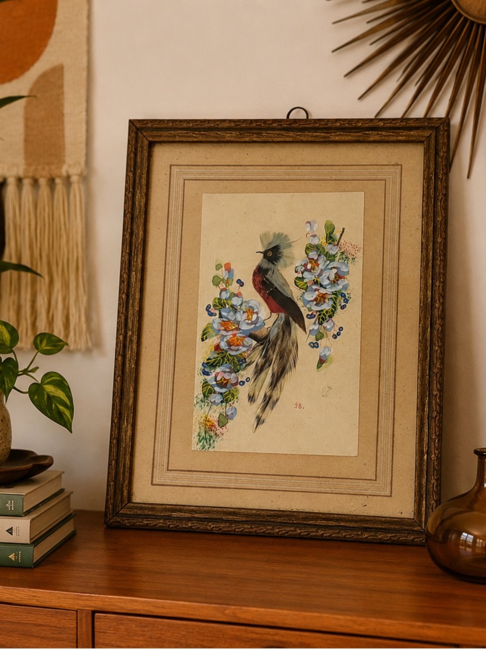 Vintage Signed Feather Art Quetzzal Bird Wall Decor Framed Tropical Boho Nature